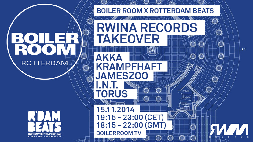 Flyer for event Boiler Room x Rotterdam Beats: Rwina Records Takeover.