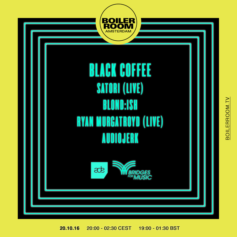 Flyer for event ADE x Bridges For Music: Black Coffee, Blond:ish, Ryan Murgatroyd (Live), Satori & AudioJerk.