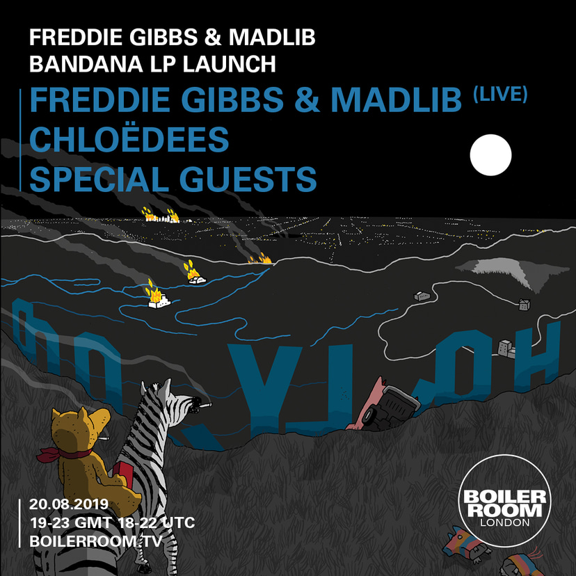 Flyer for event Freddie Gibbs & Madlib - Bandana LP launch.