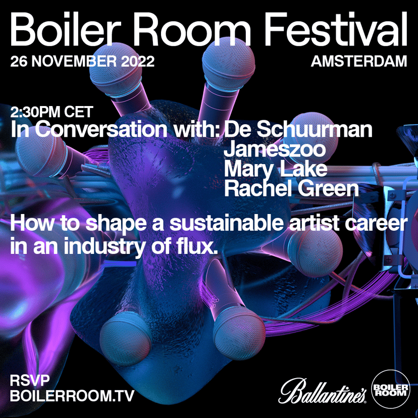Flyer for event In Conversation With: Rachel Green, De Schuurman & Mary Lake | Boiler Room Festival Amsterdam | Day 3.
